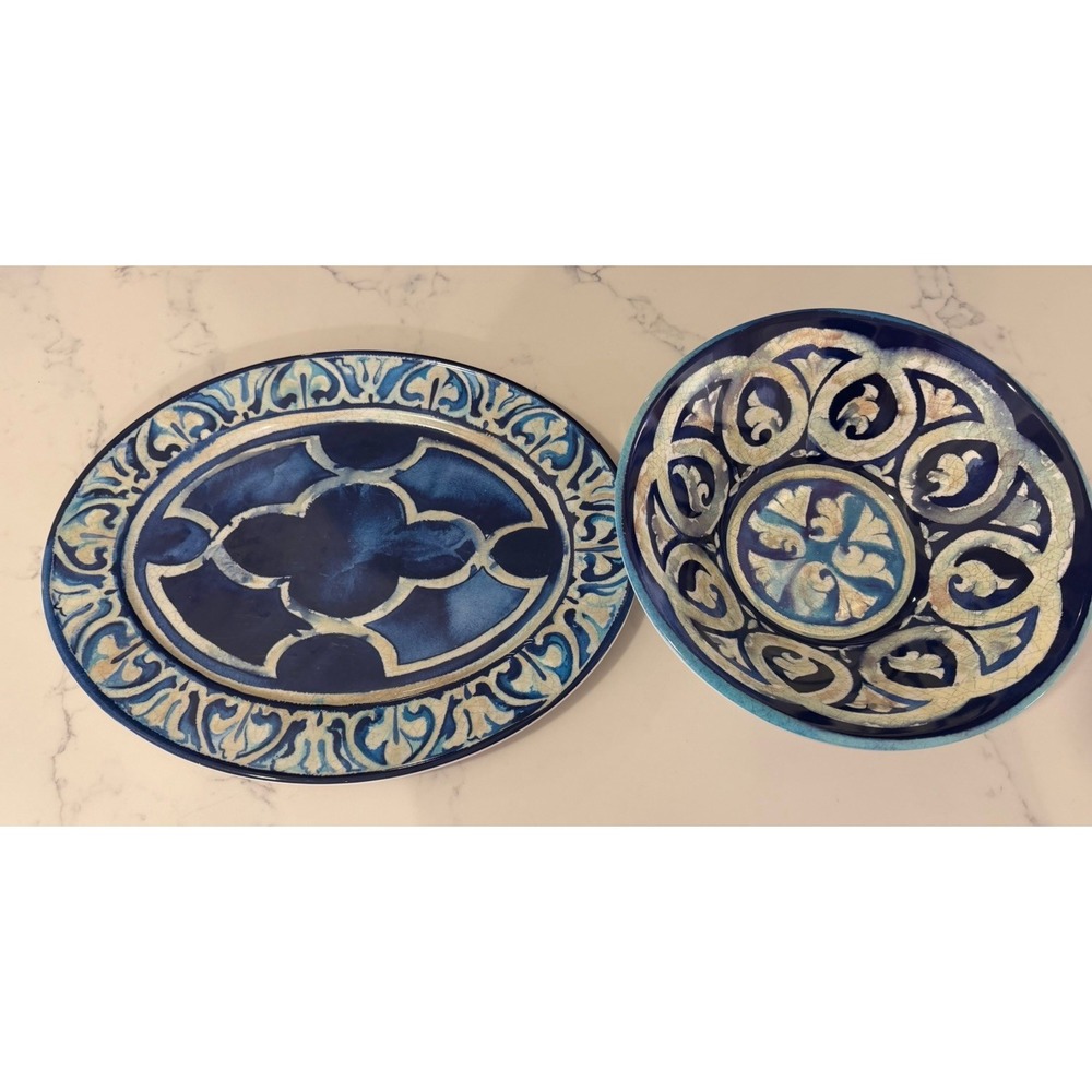 William Sonoma Blue Byzantine Melamine Oval Serving Platter Tray 17" & 12" Bowl